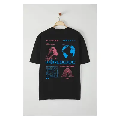 Trendyol Black Oversize/Wide Cut 100% Cotton Printed T-Shirt