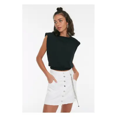 Trendyol Black 100% Cotton Padded Crop Crew Neck Knitted T-Shirt