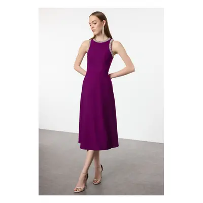 Trendyol Plum A-Cut Stone Accessory Woven Dress