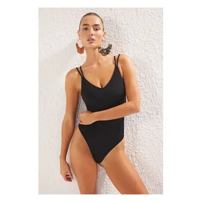 Trendyol Black*001 Plain Deep V Backless Strappy Swimsuit