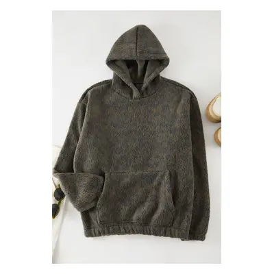 Trendyol Grey Unisex Oversize/Wide Cut Patterned Sherpa Fleece/Plush Hooded Sweatshirt