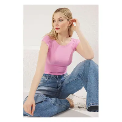 Trendyol Pink Crew Neck Moon Sleeve Crop Knitted Blouse