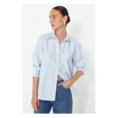 Trendyol Light Blue Regular Fit Woven Shirt with Stone Detail on the Front