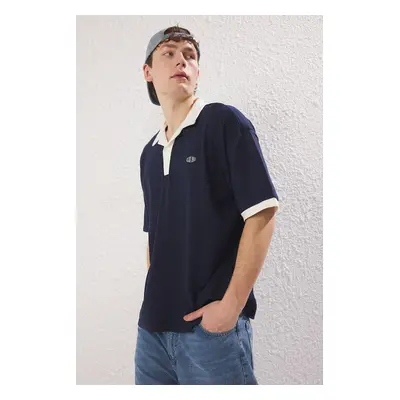 Trendyol Navy Blue Oversize/Wide Cut Embroidery Detailed Polo Neck T-shirt