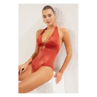 Trendyol Tile Deep V Neck Accessorized Swimsuit