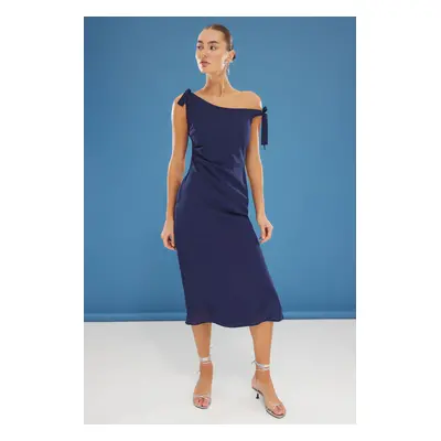 Trendyol Navy Blue A-Line Asymmetric Collar Midi Matte Satin Woven Dress