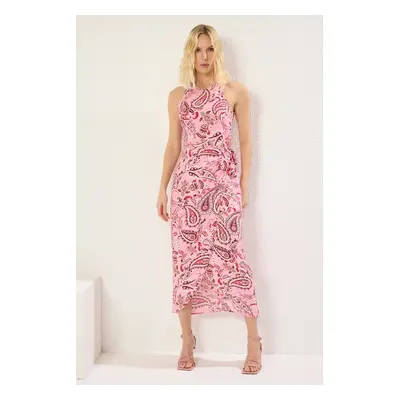 Trendyol Pink Shawl Pattern Midi Woven Dress