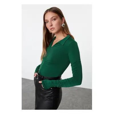 Trendyol Emerald Green Slim Gathered Polo Neck Stretchy Knitted Blouse