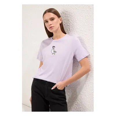 Trendyol Lilac 100% Cotton Embroidered Regular Pattern Knitted T-Shirt