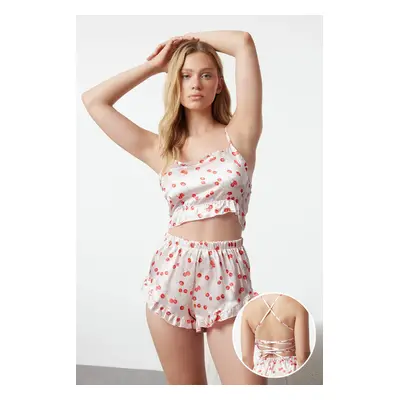 Trendyol Powder-Multicolored Cherry Frilled and Back Strap Satin Shorts Woven Pajama Set