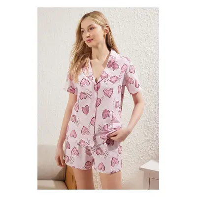 Trendyol Pink-Multicolored 100% Cotton Heart Shorts Knitted Pajama Set