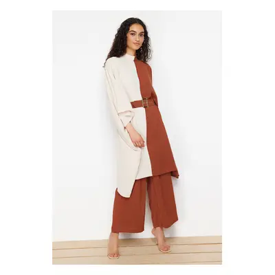 Trendyol Cinnamon Color Block Waist Belted Tunic-Pants Woven Suit