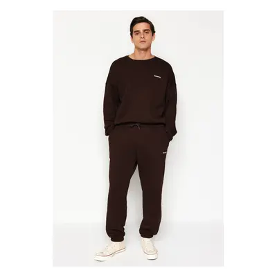 Trendyol Dark Brown Oversize/Wide Cut Text Print Warm Sweatshirt Tracksuit