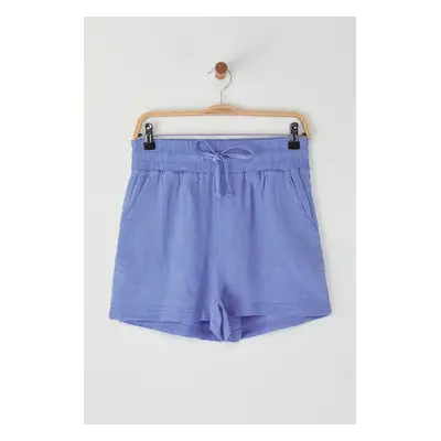 Trendyol Blue 100% Linen Elastic Waist High Waist Shorts