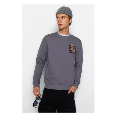 Trendyol Anthracite 100% Cotton Regular/Normal Cut Long Sleeve Crew Neck Printed Sweatshirt