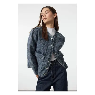 Trendyol Blue Textured Pocket Detailed Oversize Denim Jacket