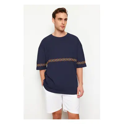 Trendyol Navy Blue Oversize/Wide Cut Embroidered 100% Cotton T-Shirt