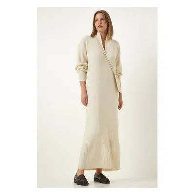 Happiness İstanbul Women's Cream Zipper Collar Ribbed Long Knitwear Dress