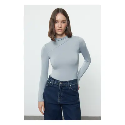 Trendyol Light Blue Ruffle/Drape Detailed Stand-Up Collar Lined Knitted Bodysuit