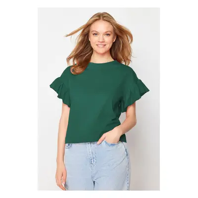 Trendyol Emerald Green 100% Cotton Ruffle Detail Basic Crew Neck Knitted T-Shirt