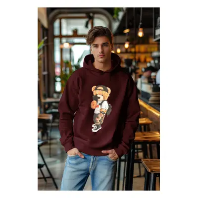 Trendyol Claret Red Unisex Oversize Teddy Bear Printed Polar Fleece/Warm Hooded Sweatshirt