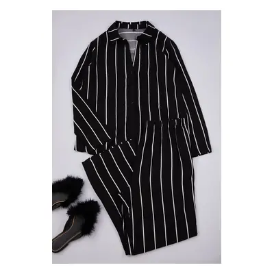 Trendyol Curve Black Striped Shirt with Slit Collar Leg Woven Pajama Set