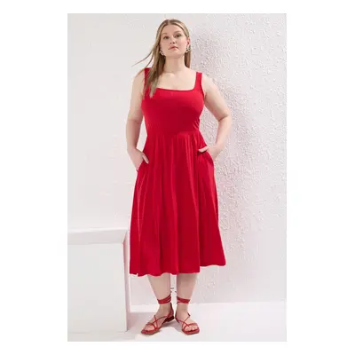 Trendyol Curve Red Square Neck A-line Knitted Plus Size Dress