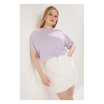 Trendyol Curve Purple Oversize Embroidered Plus Size Knitted T-Shirt