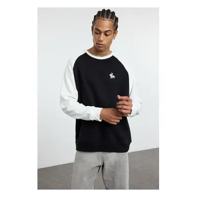 Trendyol Black Oversize/Wide Cut Raglan Sleeve Printed Detail Color Block Sweatshirt