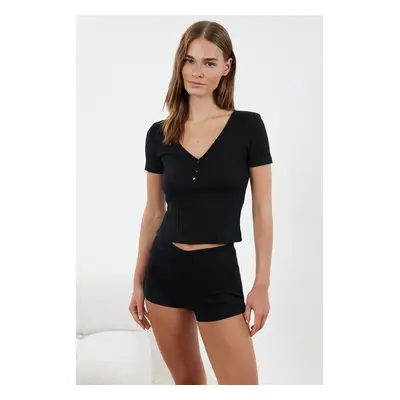 Trendyol Black Button Detail Knitted Pajama Set with Ribbed Shorts