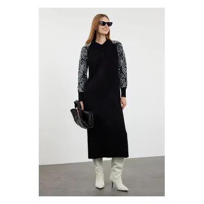 Trendyol Black Polo Neck Sleeves Patterned Knitwear Dress