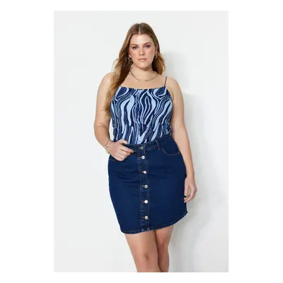 Trendyol Curve Blue Strappy Patterned Knitted Crop Plus Size Blouse