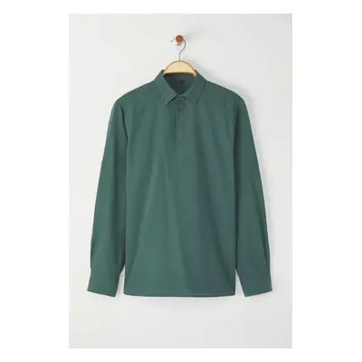 Trendyol Dark Green Regular Fit Half Placket 100% Cotton Flame Shirt