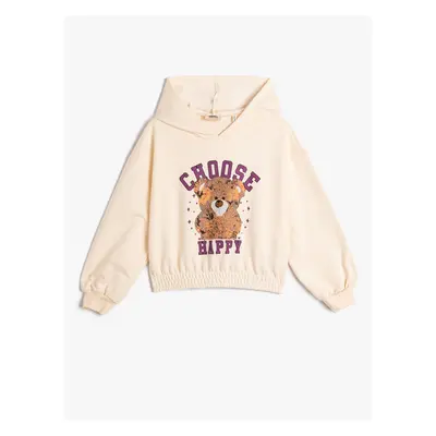 Koton Teddy Bear Print Hoodie with Sweatshirt. Elastic Waist and Cuffs, Long Sleeves.