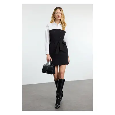 Trendyol Black Button and Tie Detail Polo Neck Body-Smoothing Flexible Mini Knit Dress