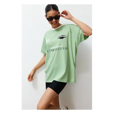 Trendyol Green Oversize Motto Printed Crew Neck Short Sleeve Knitted T-Shirt