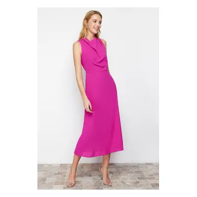 Trendyol Pink Degaje Neck Skirt Cut Detail Midi Woven Dress