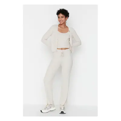 Trendyol Beige Ribbed Blouse Cardigan Trousers Knitwear Two Piece Set