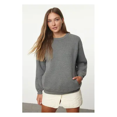 Trendyol Dark Anthracite Oversize/Wide Fit Pocketed Thick Crew Neck Knitted Sweatshirt