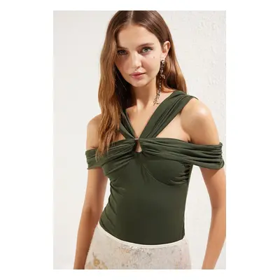 Trendyol Khaki Carmen Collar Accessory Knitted Bodysuit