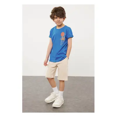 Trendyol Saks Boy's Back Printed Short Sleeve T shirt Shorts Set Cotton Knitted Bottom-Top Set