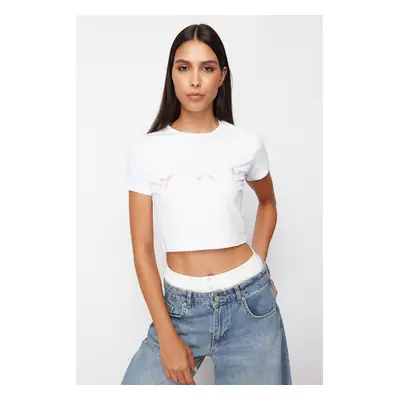 Trendyol White Bow Detailed Crop Short Sleeve Knitted T-Shirt