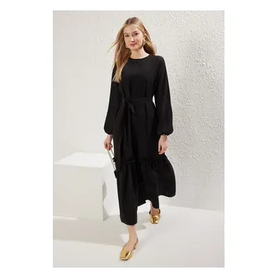 Trendyol Black Belted Unlined Plain Weave Crinkle Hijab Dress