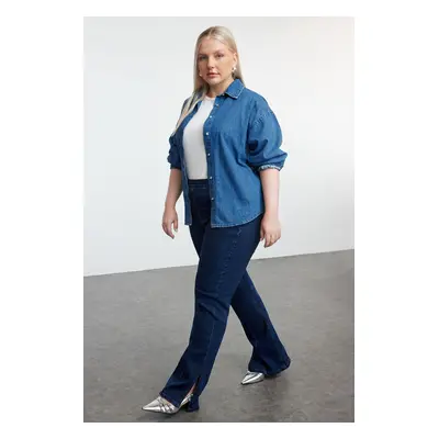 Trendyol Curve Dark Blue Stitching Detailed Flare Leg Plus Size Jeans