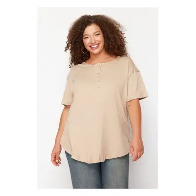 Trendyol Curve Beige Button Detailed Boyfriend Knitted T-shirt