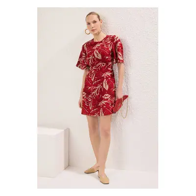 Trendyol Burgundy Tropical Floral A-Line Viscose Mini Woven Dress