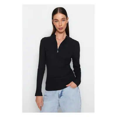 Trendyol Black Zipper Collar Fitted/Fit-fitting Ribbed Stretchy Knitted Blouse