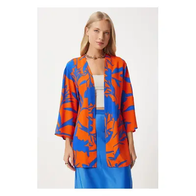 Happiness İstanbul Women's Blue Orange Patterned Viscose Kimono