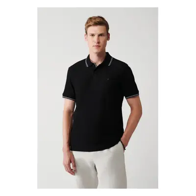 Avva Men's Black Button 100% Cotton Jacquard Polo Neck T-shirt