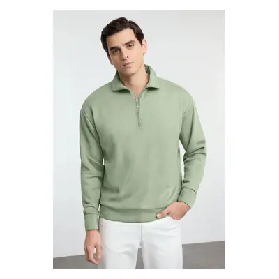 Trendyol Light Khaki Oversize/Wide Cut Zippered Polo Collar Stand Collar Zippered Sweatshirt